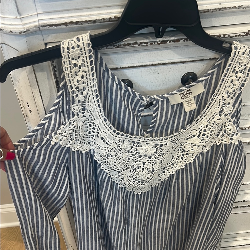 Vintage Blue and White Bib Collar Blouse with Embellished Lace